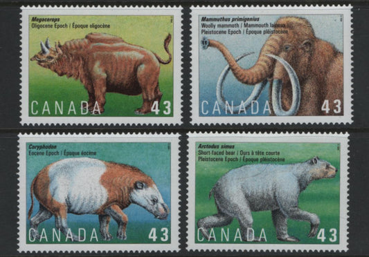 Canada #1529-1532 43c Multicoloured Coryphodon - Mammuthus Primigenius, 1994 Prehistoric Life In Canada, 4 VFNH Singles On HF Peterborough Paper