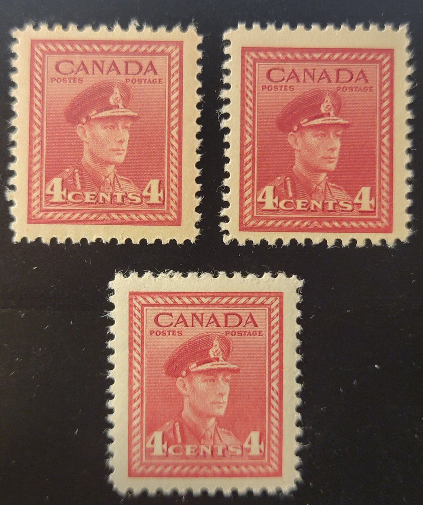 Lot 384 Canada SC#254 4c Intense Carmine Red, Intense Dull Carmine & Carmine King George VI, 1942-1949 War Issue, 3 Fine & VFNH Singles On Horizontal Ribbed Paper With Semi-Gloss Yellow Gum, Not Checked Further Or As To Perf, Scarcer Shades