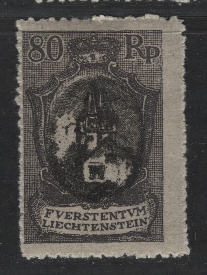 Liechtenstein #68 (Mi #59A) 80rp Black & Grey Violet Chapel Of St. Mamertus, 1921 Arms, Chapel & Vaduz Views Definitives,  VF Used  Small Perforation Holes, Broad Teeth