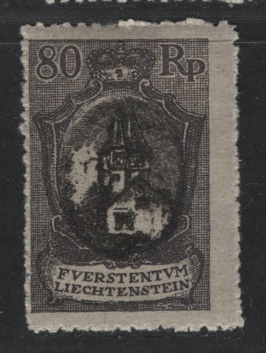 Liechtenstein #68 (Mi #59A) 80rp Black & Grey Violet Chapel Of St. Mamertus, 1921 Arms, Chapel & Vaduz Views Definitives,  VF Used  Small Perforation Holes, Broad Teeth