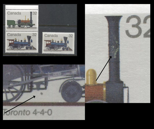 Lot 385 Canada #999var, 1000avar 32c Multicoloured  1983  Locomotives Issue, A VFNH Vertical Pair & Single, With Scratched Smokestack (Pos 1-5) And Falling Lump Of Coal Varieties (Unknown Position), DF Bluish/DF2 & DF Greyish/DF1 Papers