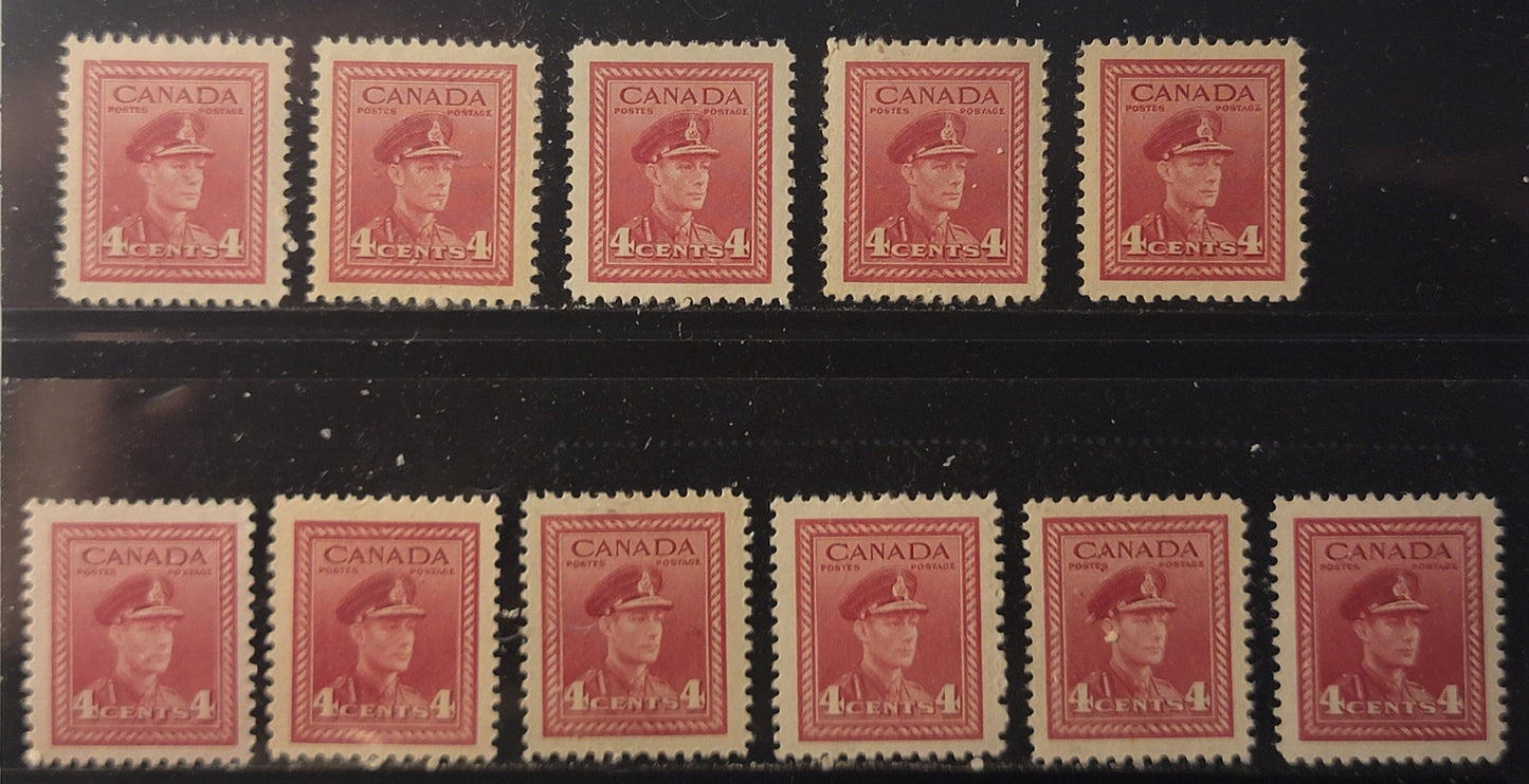 Lot 385 Canada SC#254 4c Carmine Shades King George VI, 1942-1949 War Issue, 11 VFNH Singles All Different With Respect to Paper Type, Shade Or Gum But Not Classified Using The Table