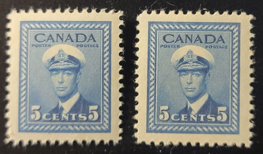 Lot 386 Canada SC#255 5c Blue King George VI, 1942-1949 War Issue, 2 VFNH Singles On CBN-OOOOO Paper, Perf. 11.8 x 11.9 And CBN-ZZZZZZ Paper