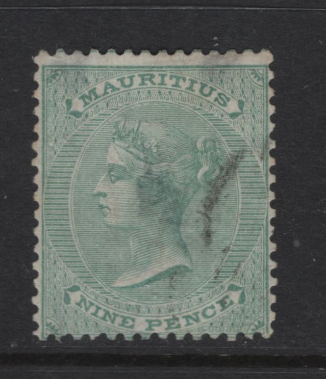 Lot 387 Mauritius (C)  SG#66 9d Yellow Green Queen Victoria, 1863-1872 Queen Victoria Keyplate Issue, A Good Used Single, Extensive Thin On Back, But Scarce Stamp, Crown CC Wmk.