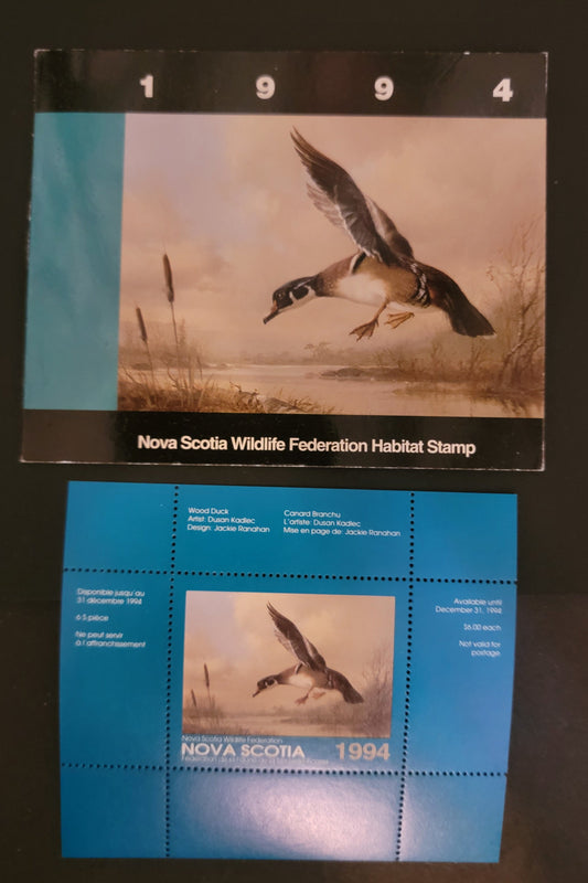 Lot 387 Canada - Province of New Brunswick #NSW3  Multicoloured Wood Duck, 1994 Nova Scotia Wildlife Federation Issue, A VFNH Miniature Sheet Of 1 On DF Paper