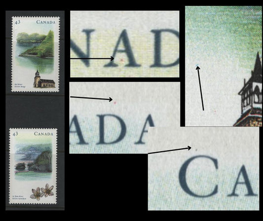 Canada #1487var, 1489var 43c Multicoloured 1993 Heritage Rivers Issue, 2 VFNH Singles On DF1/DF2 Harrison Paper, Showing Blue Dot Above C, Red Dot Above D, Line In Water & Red Dot Inside A Varieties, At Least Tertiary , And Possibly Constant'