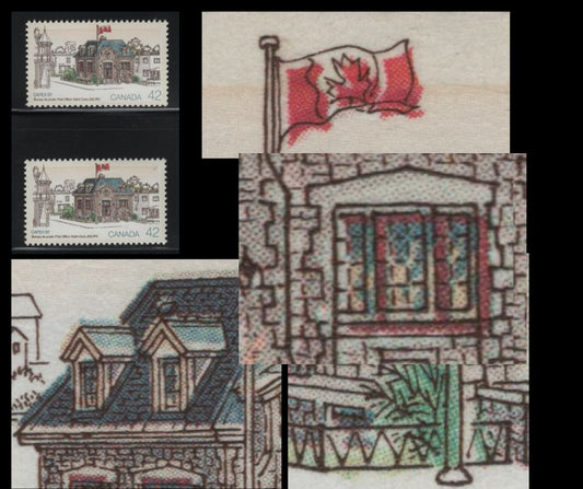 Canada #1124var 42c Multicoloured Saint-Ours, 1987 CAPEX'87 Issue, 2 VFNH Singles With Significant Shifts Of Colour