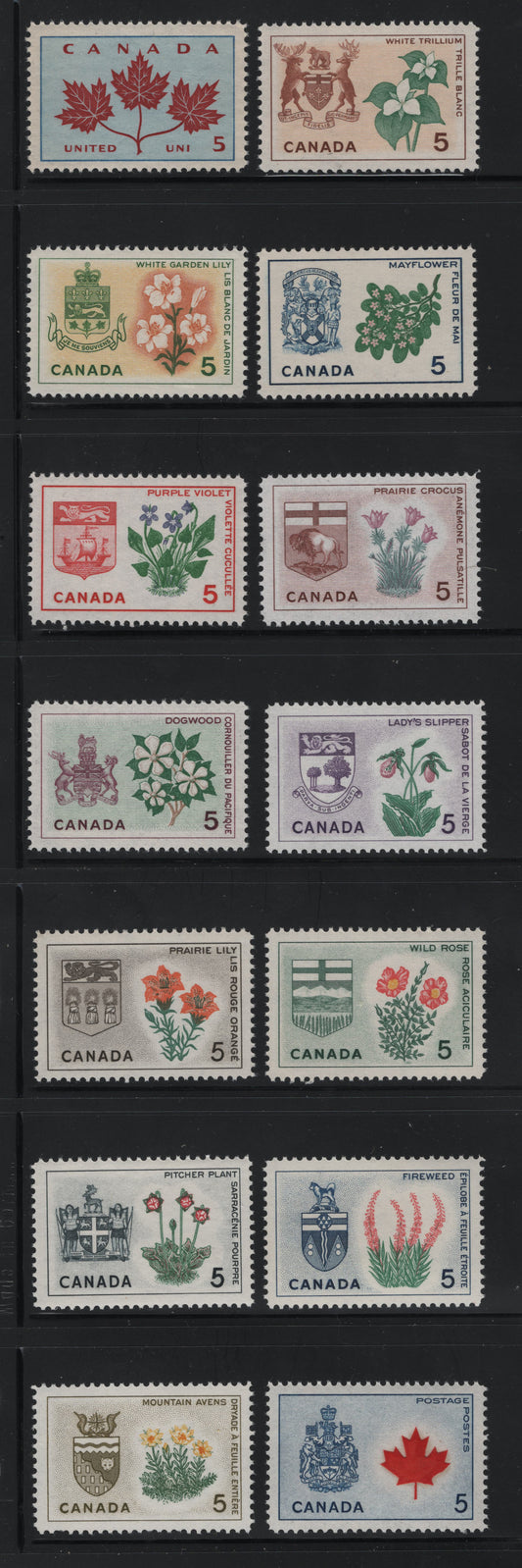 Canada #417-429A 5c Multicoloured Unity - Canada Coat Of Arms & Maple Leaf, 1964-1966 Emblems Issue, 14 VFNH Singles On DF1 Vertical Ribbed Paper With Streaky Dextrine Gum