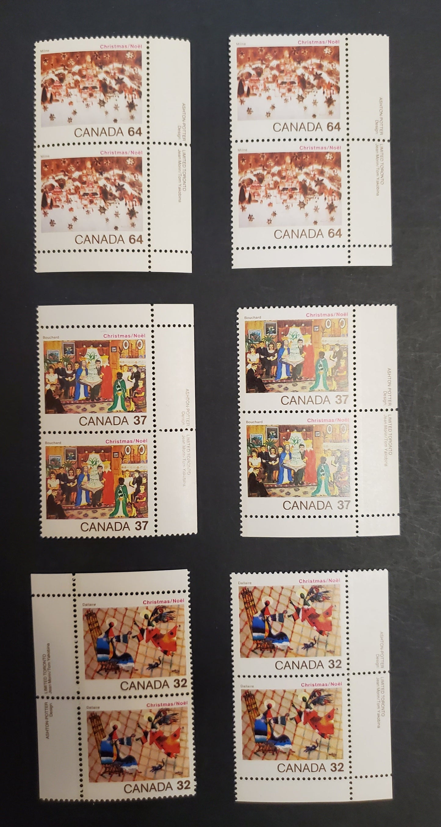 Canada  1040-1042 32c, 37c, 64c Multicoloured Christmas Scenes, 1984 Christmas Issue, 6 VFNH Inscription Pairs DF2/DF2, DF2/DF1, DF1/DF1, DF2/DF1, LF/DF2 & LF/LF Harrison Papers