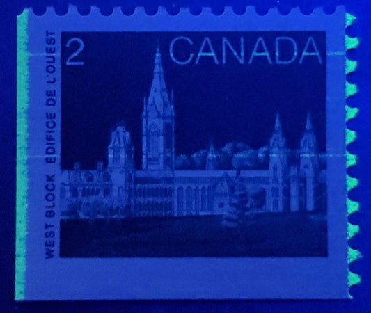 Lot 390 Canada #939 2c Deep Green Parliament Buildings, 1982-1987 Artifacts & National Parks Issue, A VFNH Booklet Single, LF/DF, Abitibi Paper 2-Bar Tag & Horizontal Tagging Streaks