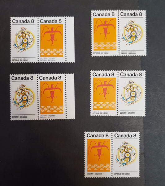 Canada #565a, 565aii 8c Multicoloured Sun Dance & Thunderbird, 1972 Plains Indians Issue, 5 VFNH Pairs DF2/DF1, DF2/NF, DF2/DF2, DF2/DF2-fl, DF2/LF3-fl Vertical Ribbed Papers
