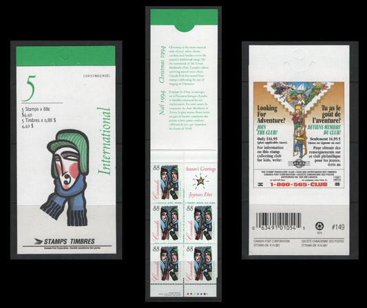 Canada #BK174b 88c Multicoloured Outdoor Carolling, 1994 Christmas Issue, A VFNH Complete Booklet Of 5 + Label On NF/DF1 Coated Papers Paper, HB Open Cover (Philatelic Stock)