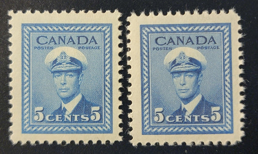 Lot 390 Canada SC#255 5c Light Bright Blue & Blue King George VI, 1942-1949 War Issue, 2 VFNH Singles Unclassified As To Paper Type