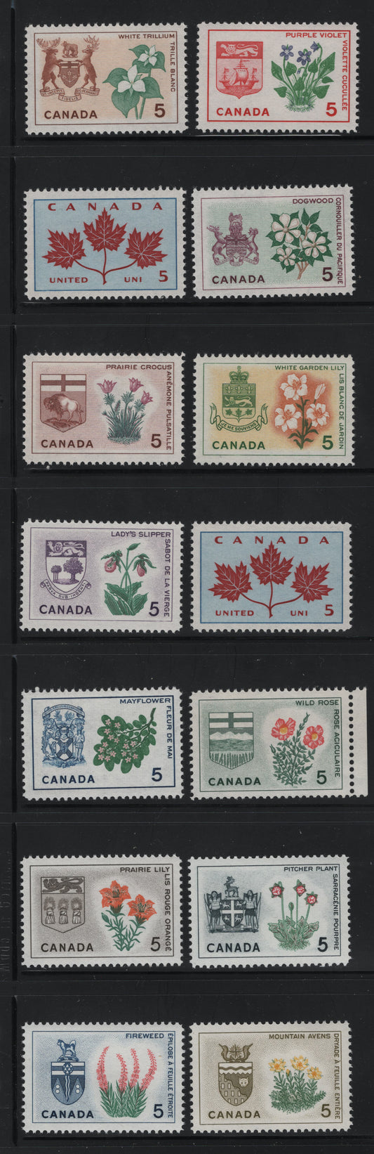 Canada #417-429 5c Multicoloured Unity - Mountain Avens, 1964-1966 Emblems Issue, 14 VFNH Singles On DF2 Vertical Ribbed Paper, Smooth Dextrine Gum, With Both Regular & Greenish Blue Shades On The Unity Stamp