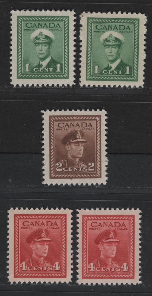 Canada #249-250, 254 1c-4c Green - Deep Carmine Red King George VI, 1942-1949 War Issue, 5 VFNH Singles Vertical & Horizontal Ribbed Papers, Cream Satin Gums