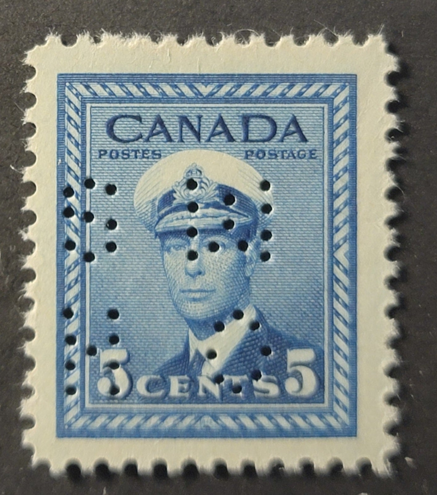 Lot 391 Canada SC#O10-255  Blue King George VI, 1942-1949 War Issue, A VFNH Single Position 3, 4-Hole OHMS Perfin, Die 2, On CBN-ZZZZZZ Paper, Perf. 12 x 11.9