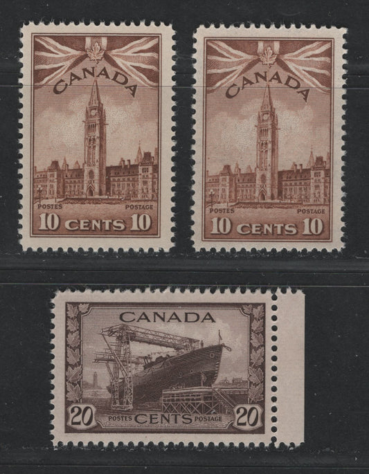 Lot 49 Canada #257, 260 10c Light Brown - Purple Brown Parliament Buildings & Corvette, 1942-1949 War Issue, 3 VFNH Singles On Different Papers, With Different Gum Types