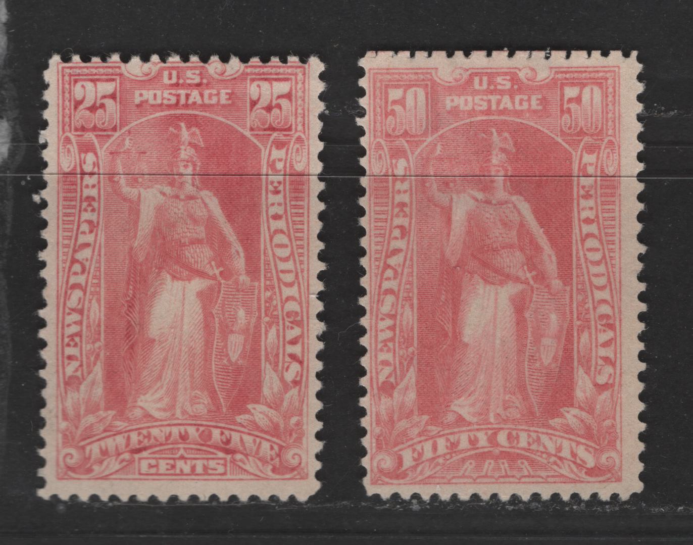 Lot 393 United States Of America #PR118-PR119 25c-50c Lilac Rose Statue Of Freedom, 1895-1897 Watermarked Bureau Newspaper Issue, 2 Fine Unused Singles