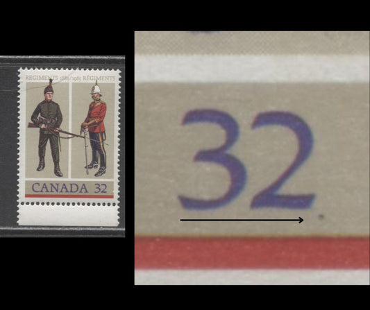 Lot 393 Canada #1007var 32c Multicoloured , 1983 Canadian Regiments Issue, A VFNH Single, Purple Dot After "32" Variety (Pos.41-48), LF/F5-fl