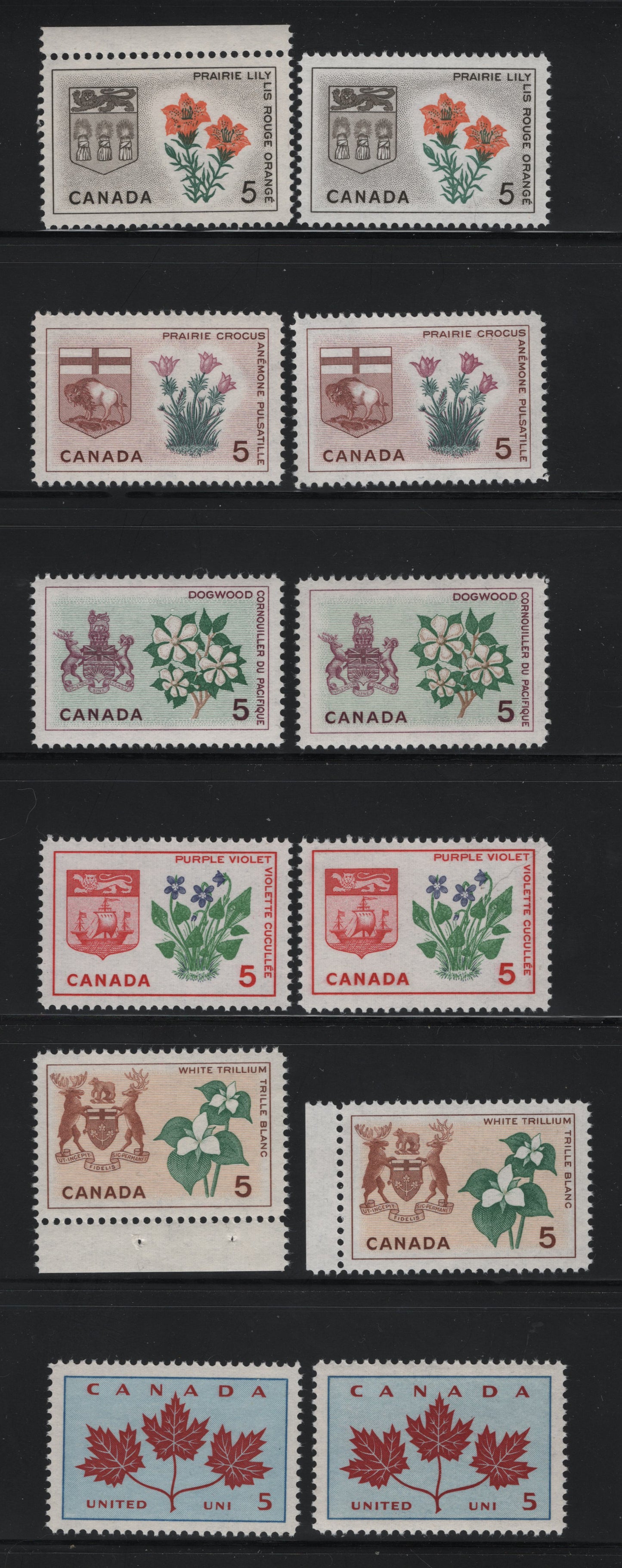 Canada #417/425 5c Multicoloured Unity-Prairie Lily, 1964-1966 Emblems Issue, 12 VFNH Singles On DF2 Vertical Ribbed Paper, Smooth Dextrine Gum, Showing Shade Variations