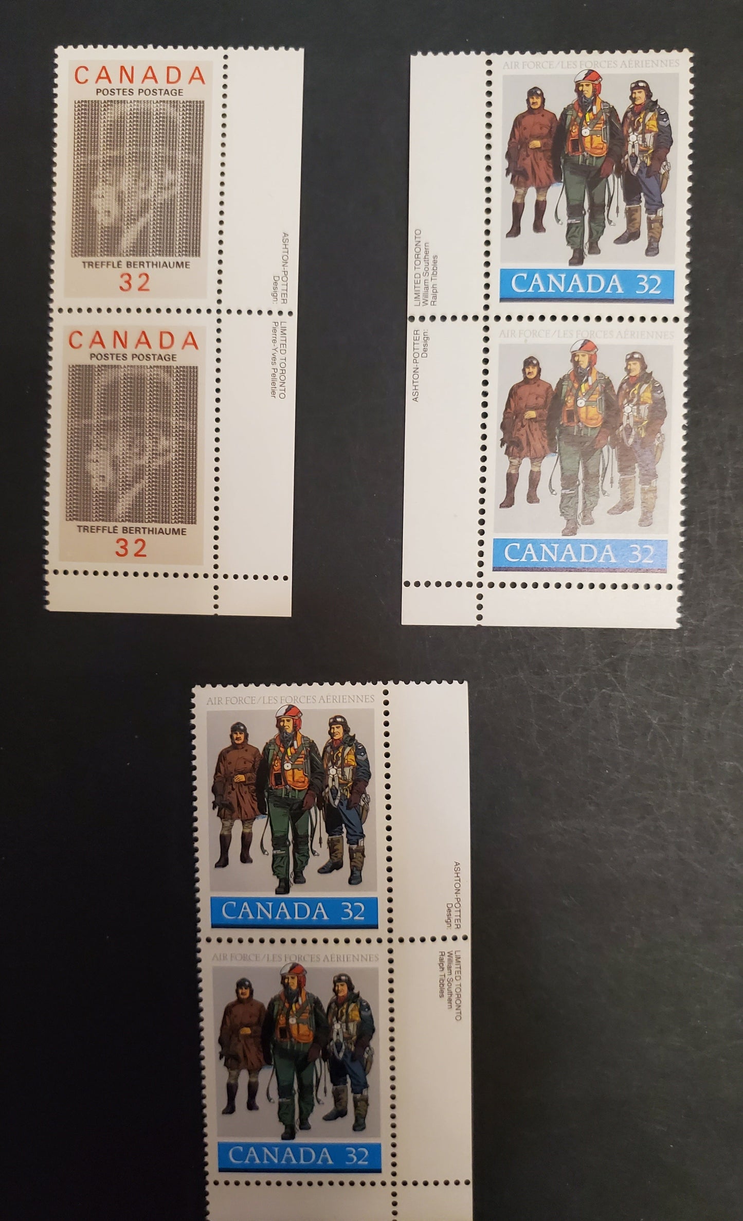 Canada  1043-1044 32c Multicoloured Pilots in Flying Gear, Treffle Berthiaume, 1984 Air Force & Treffle Berthiaume Issues, 3 VFNH Singles DF2/DF2 and HF/DF2 Harrison Papers, 2 Different Shades on Left Pilot's Jacket