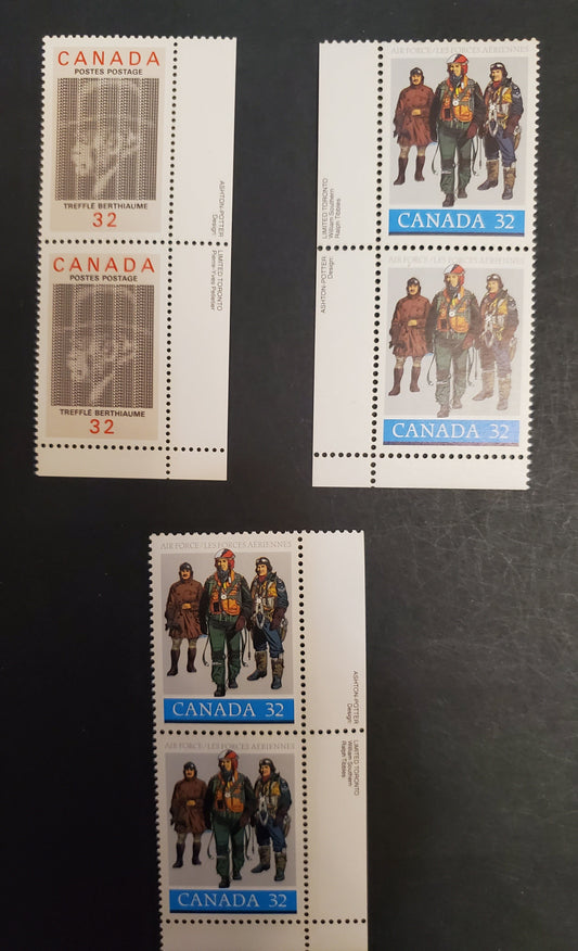 Canada  1043-1044 32c Multicoloured Pilots in Flying Gear, Treffle Berthiaume, 1984 Air Force & Treffle Berthiaume Issues, 3 VFNH Singles DF2/DF2 and HF/DF2 Harrison Papers, 2 Different Shades on Left Pilot's Jacket