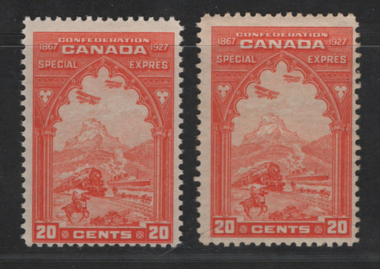 Canada #E3 20c Orange Red & Red Orange Allegory Of Transportation, 1927 60th Anniversary Of Confederation Issue, 2 Fine OG Singles With Streaky Cream Gum