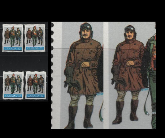 Canada  1043var 32c Multicoloured Pilots in Flying Gear, Treffle Berthiaume, 1984 Air Force Issue, 4 VFNH Singles DF1/DF2 & DF2/DF2 Harrison Papers,  2 Different Shades on Left Pilot's Jacket