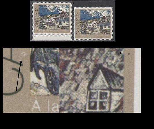 Lot 395 Canada #887var 17c Multicoloured At Baie St. Paul, 1981 Canadian Painters, 2 VFNH Singles, Green Dot In Right Frame (Pos. 19) & Donut Flaw Under A (Pos. 24), DF1/DF2 Paper, Possibly Constant or Tertiary