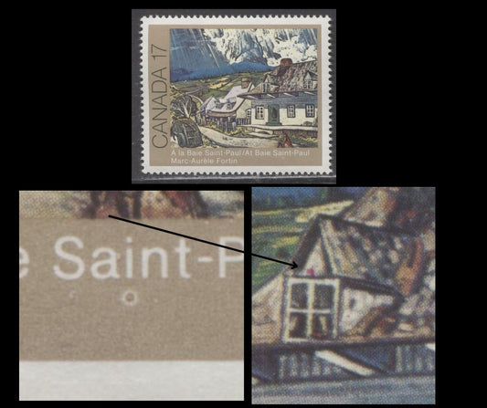 Lot 396 Canada #887i 17c Multicoloured At Baie St. Paul, 1981 Canadian Painters, A VFNH Single, Donut Flaw Under "i" Of "Saint" (Pos. 8) & Red Dot On Dormer (Pos. 8), DF1/DF1 Paper, Possibly Tertiary