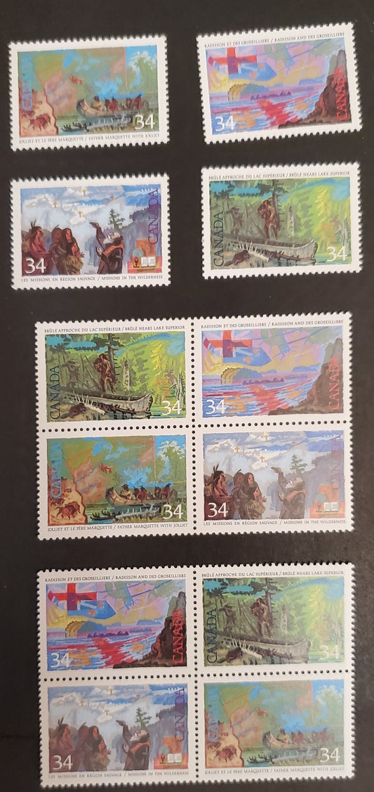 Canada #1129a, ai 34c Multicoloured Various Exploration Scenes, 1987 Explorers of Canada Issue, 4 VFNH Singles & 2 Blocks of 4 On MF/DF, DF/MF6 and DF/MF7 Rolland Papers