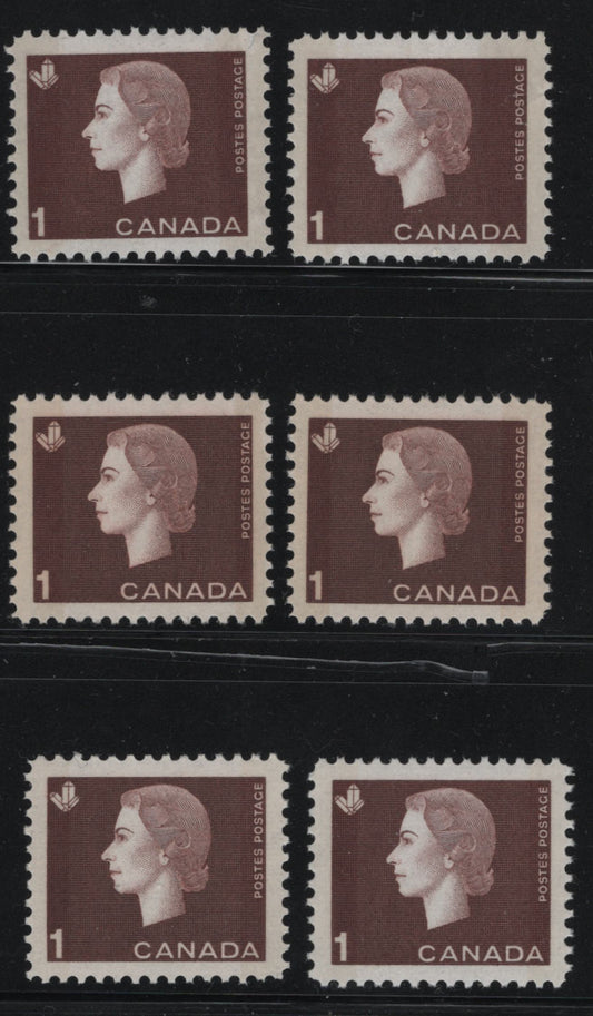 Canada #401p 1c Reddish Brown & Light Chocolate Queen Elizabeth II, 1962-1967 Cameo Issue, 6 VFNH Singles On DF1 & DF2 Papers, Different Shades, Bright & Cream Tagging Types