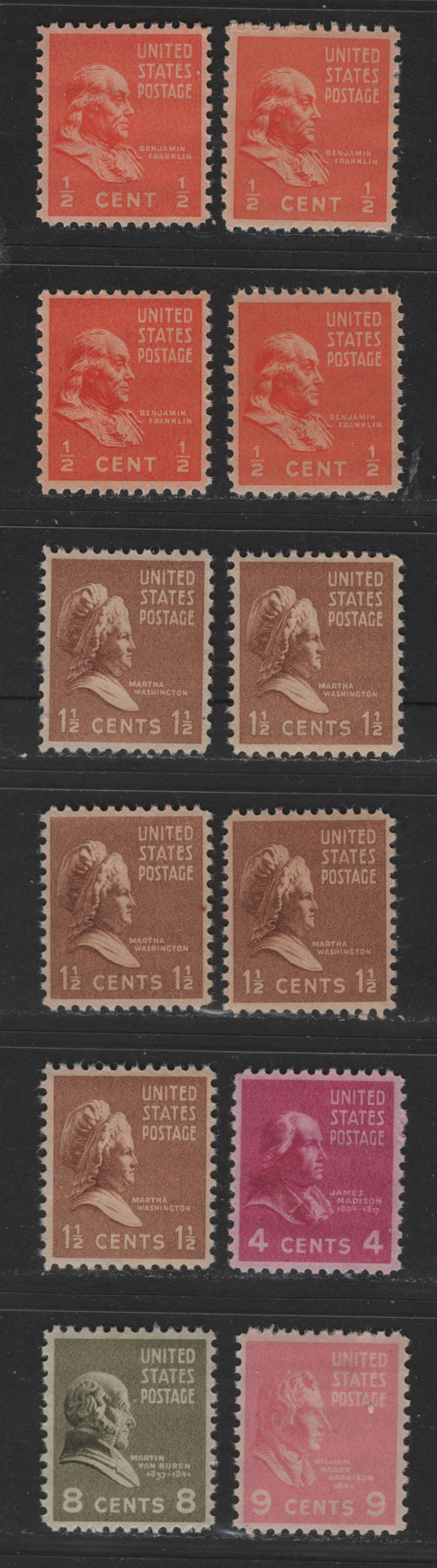 Lot 106 United States Of America #803, 805, 808, 813-814 1/2c - 9c Deep Orange - Deep Pink Benjamin Franklin - William H. Harrison, 1938-1954 Presidential Issue, 12 VFNH Singles Shade Variations & Different Gum Breaker Ridge Patterns