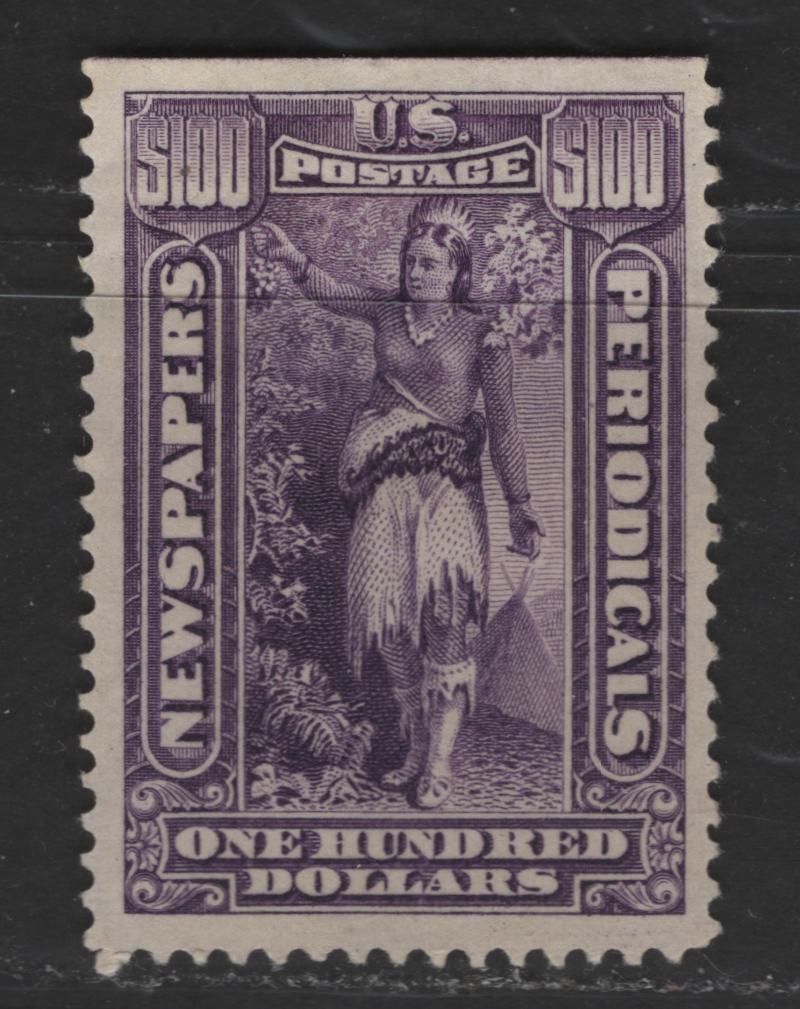 Lot 397 United States Of America #PR125 $100 Purple Statue Of Freedom, 1895-1897 Watermarked Bureau Newspaper Issue, A VF Unused Single Top Margin Single With Natural Straight Edge