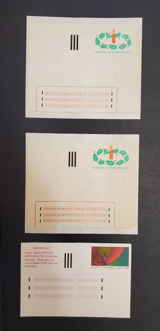 Canada  1ST, 2ST 32c Multicoloured Candle & Holly, 1983-1984 Christmas Issue, 3 VFNH Stick 'N Tic Labels LF & MF Papers, Bright & Weaker Tag