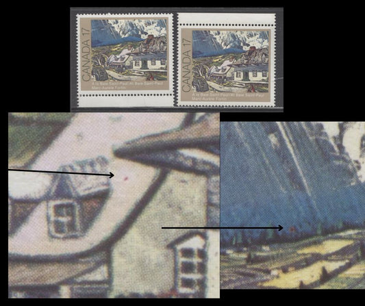 Lot 397 Canada #887i 17c Multicoloured At Baie St. Paul, 1981 Canadian Painters, 2 VFNH Singles, Red Spot on Roof, & Red Spot In Trees, DF1/DF 1 Paper, Possibly Constant or Tertiary