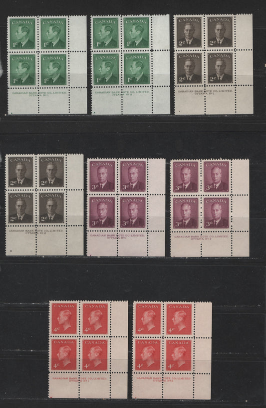 Lot 128 Canada #289-292 1c-4c Green - Carmine King George VI, 1949-1952 Postes-Postage Issue, 8 VFNH LR Plate Blocks Plates 1-2