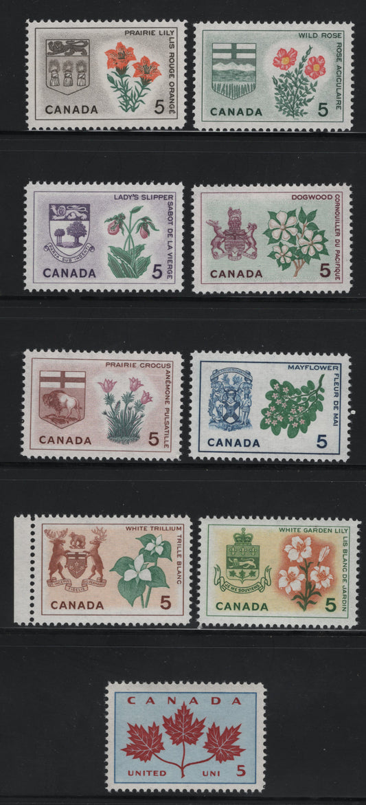Canada #417i/426i 5c Multicoloured Unity-Wild Rose, 1964-1966 Emblems Issue, 9 VFNH Singles On LF Vertical Ribbed Paper With Streaky Dextrine Gum