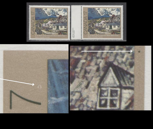 Lot 398 Canada #887i 17c Multicoloured At Baie St. Paul, 1981 Canadian Painters, 2 VFNH Singles, Green Dot In Right Frame (Pos. 19) & Donut Flaw Above "17" (Pos. 16), DF1/DF 1 Paper, Possibly Constant or Tertiary