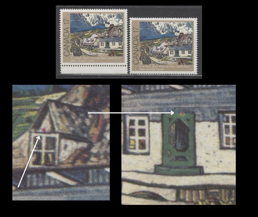 Lot 399 Canada #887i 17c Multicoloured At Baie St. Paul, 1981 Canadian Painters, 2 VFNH Singles, Hole in Screen Door (Pos. 22) & Red Dot On Dormer (Pos. 8), DF1/DF 1 Paper, Possibly Constant or Tertiary