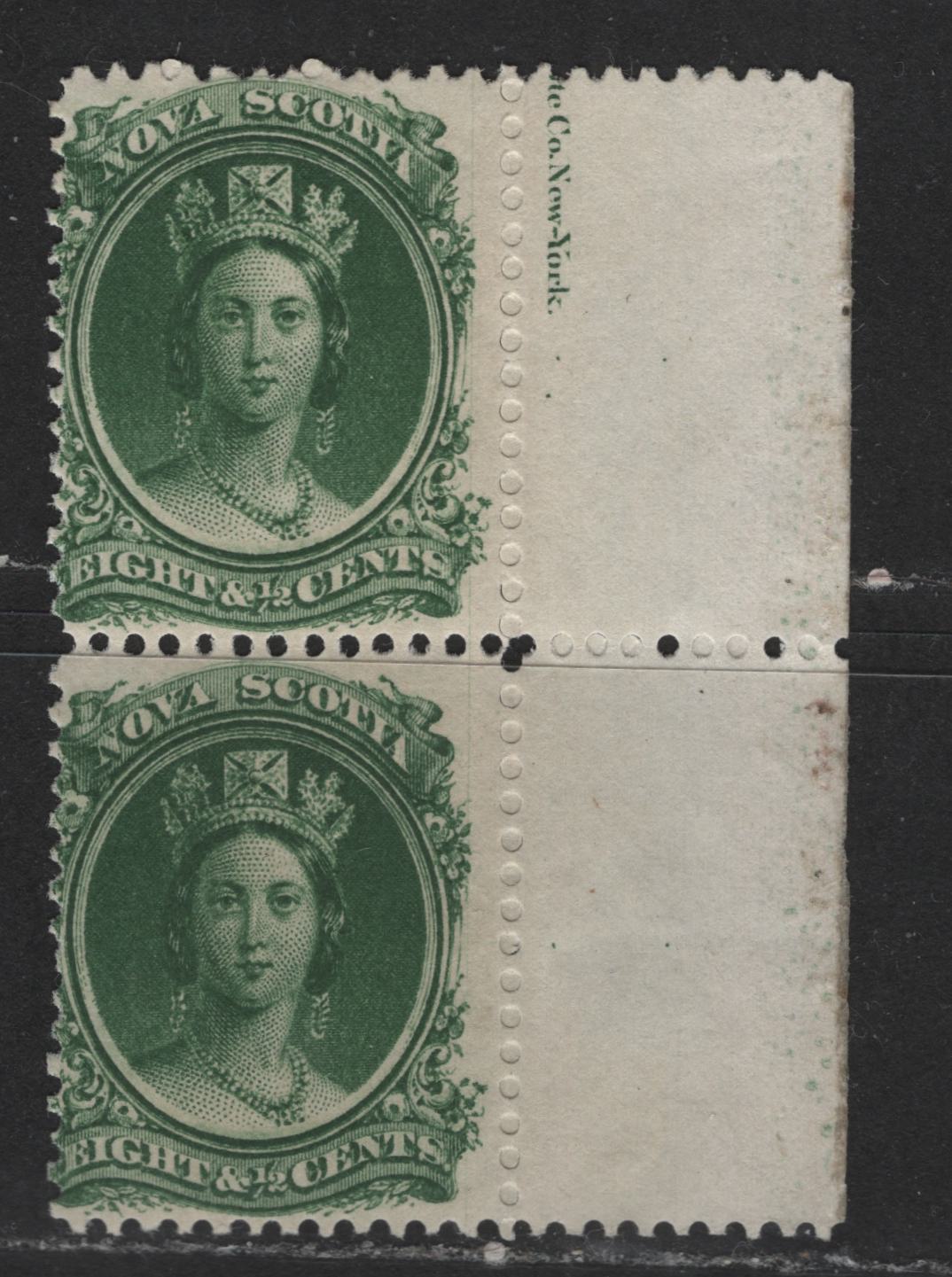 Lot 400 Nova Scotia #11a 8.5c Dark Green Queen Victoria, 1860-1867 Cents Issue, A Fine OG/NH Partial Imprint Pair On Thick White Paper, Perf. 12