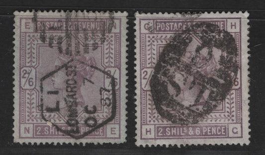 Great Britain SG#175, 178 2/6d Lilac Queen Victoria, 1883-1884 High Values, Wmk Anchor, 2 VG Used Singles One On Distinct Bluish Paper With October 7, 1887 Lombard St. Cancel and The Other On White Paper, Small Sealed Tear On The Bluish Paper