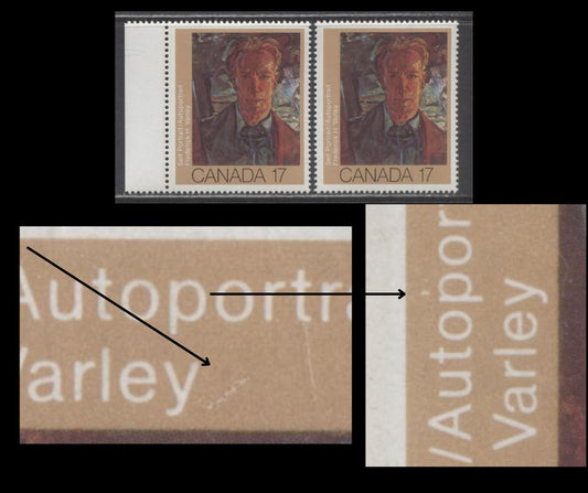 Lot 402 Canada #888i 17c Multicoloured Frederick Varley, 1981 Canadian Painters, 2 VFNH Singles, Slash After "Y" Of "Varley" & Apostrophe Above "P" Of "Autoportrait", NF/NF Paper