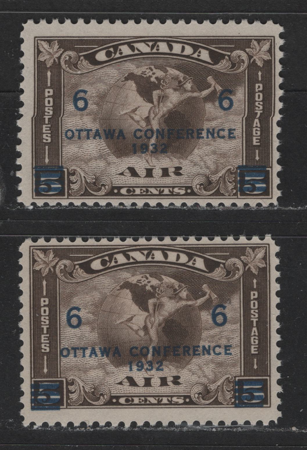 Canada #C4 6c On 5c Olive Brown & Dark Olive Brown Mercury & Globe, 1932 Ottawa Conference Airmail Issue, 2 Fine NH Singles