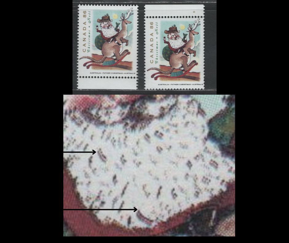 Lot 148 Canada #1501&var 86c Multicoloured Father Christmas, 1993 Christmas Issue, 2 VFNH Singles Both Showing Doubling Of All Black Details, Most Notably The Beard, NF/DF1 and  NF/DF2 Coated Papers Papers