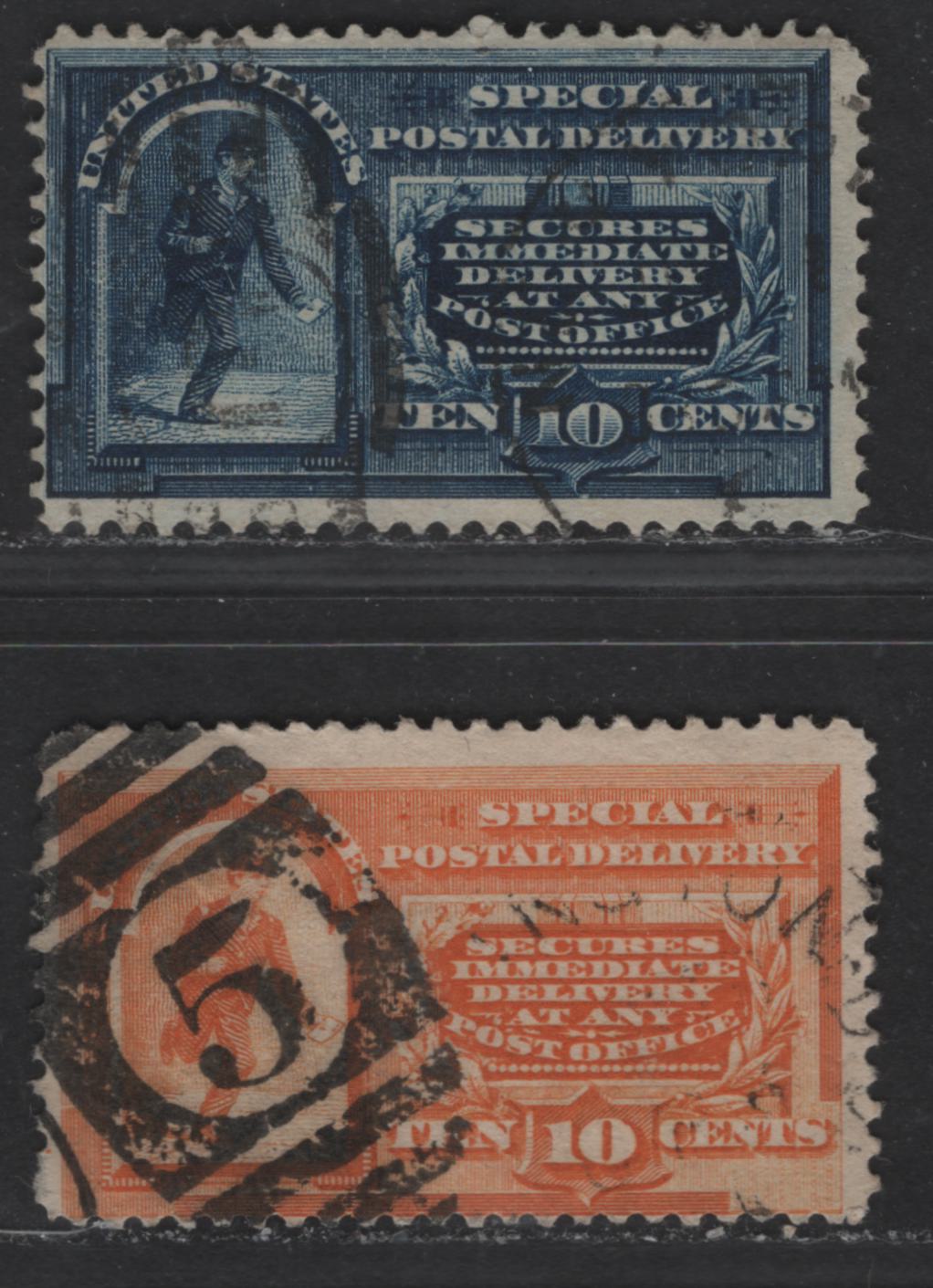 Lot 406 United States Of America #E3, E5 10c Orange & Dark Blue Messenger Running, 1893-1895 Columbian Exposition & Watermarked Special Delivery Issue, 2 VG & Fine Used Singles