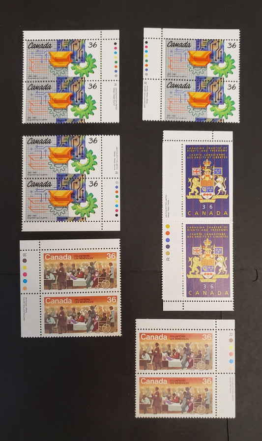 Canada #1132-1134i 36c Multicoloured Various Subjects, 1987 Volunteers - Engineering Issues, 7 VFNH Inscription Pairs On DF/DF, LF/LF And DF/LF Rolland Papers