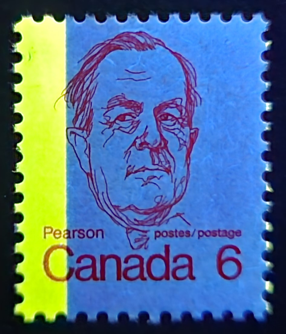 Lot 109 Canada #591iiiT3 6c Deep Bright Red Lester Pearson, 1973-1978 Caricature Issue, A Fine NH Single G2aL Tagging Error On Vertical Ribbed Paper, Moderate Tagging, Satin PVA Gum