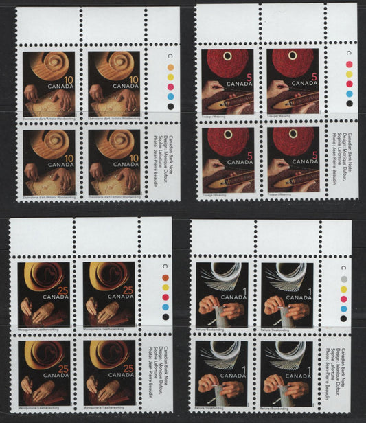 Canada #1673i, 1677i, 1679i, 1680i 1c, 5c, 10c, 25c Multicoloured Bookbinding - Leatherworking, 1999-2007 Traditional Trades Definitives, 4 VFNH UR Inscription Blocks 2000-2001 Initial CBN Reprints, With Fully Perforated Selvedge
