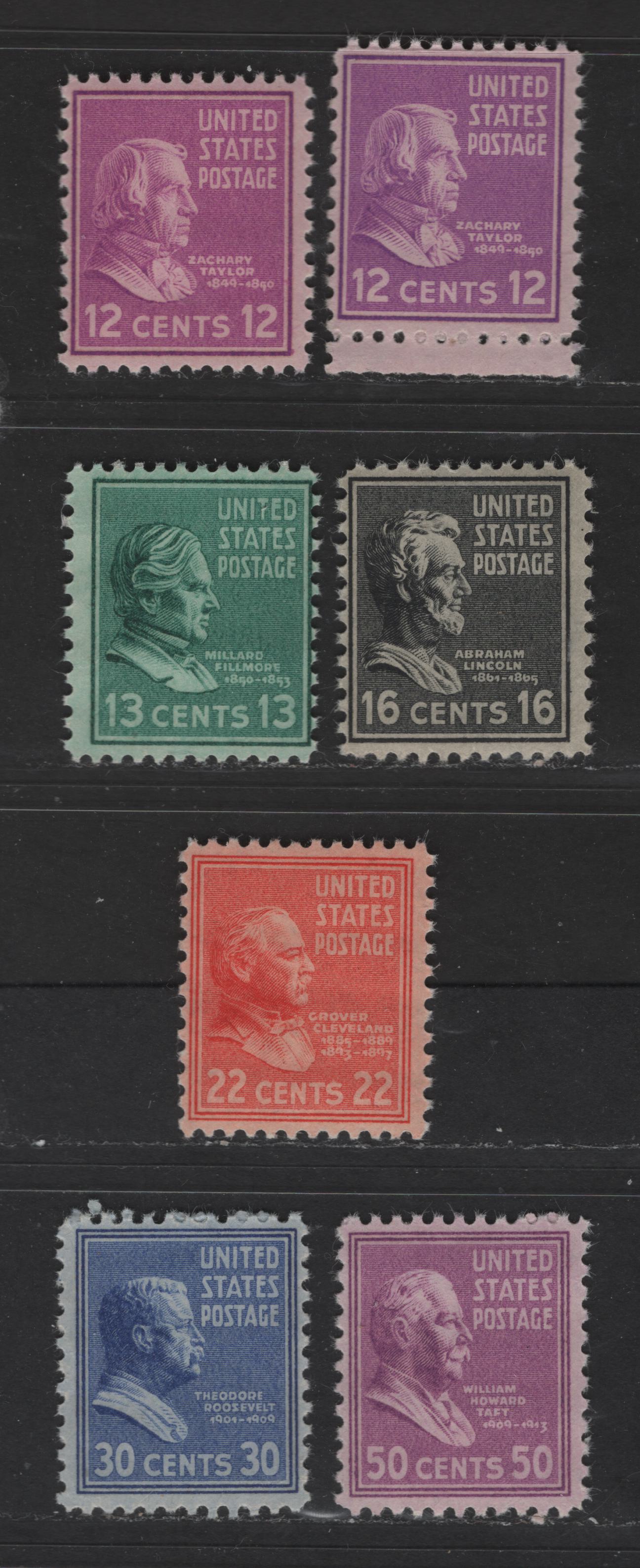 United States Of America #817/831 12c-50c Bright Mauve - Mauve Zachary Taylor - Willam Howard Taft, 1938-1954 Presidential Issue, 7 Fine NH Singles Different Ridge Patterns & Gum Breaker Ridges Per Stamp